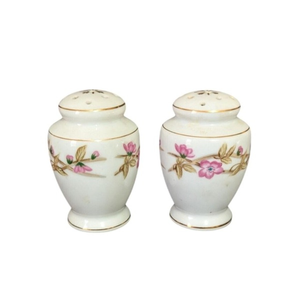 Vintage Valmont China Rose Salt Pepper Shakers Pink Floral‎ Gold Trim Japan Set